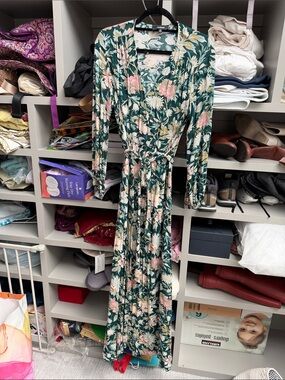 Aakaa Green Floral Wrap Maxi Dress with Pink and Cream Blooms